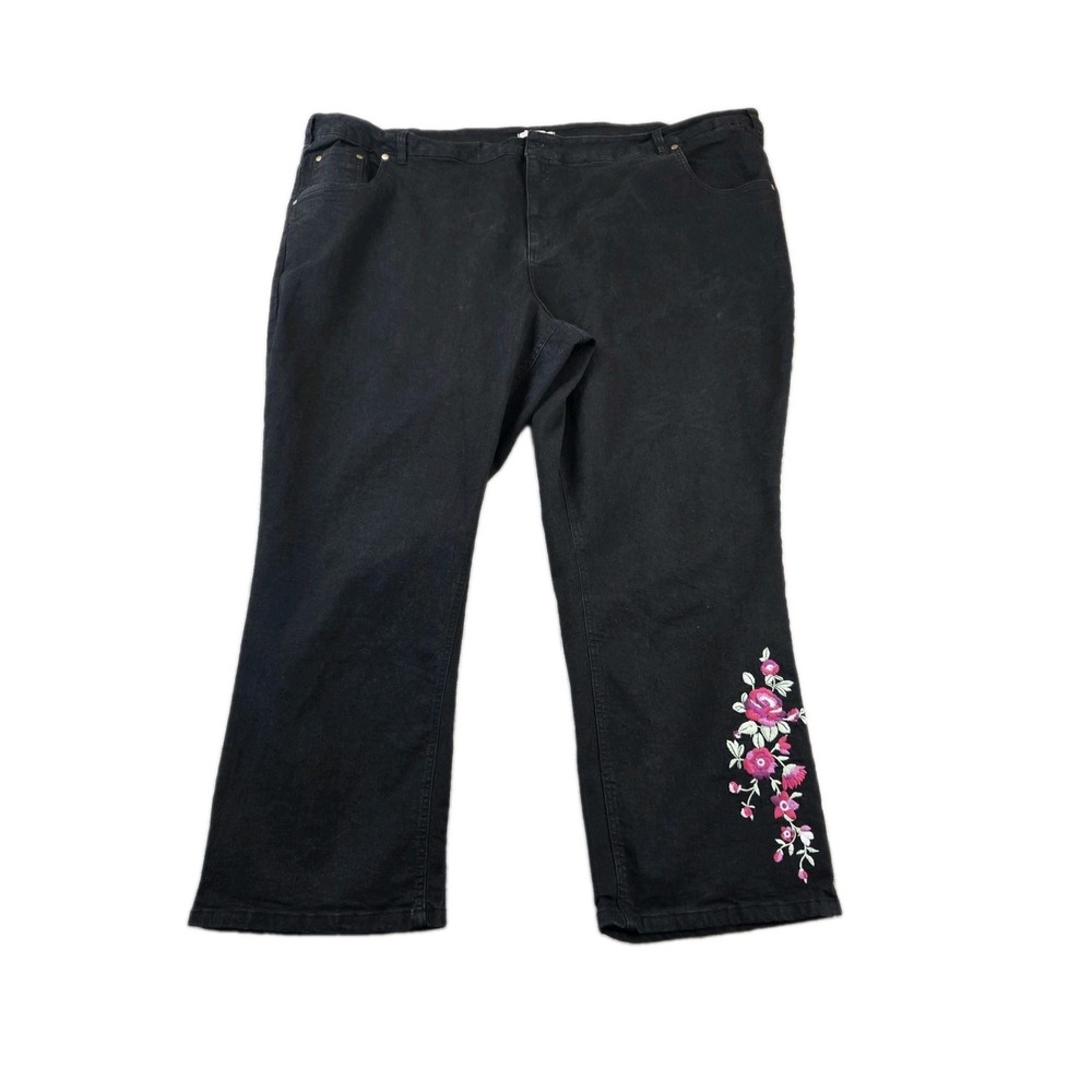 Woman Within Women's High Rise Straight Leg Black Jeans Stretch Embroidered 34W